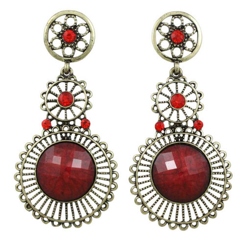 Antique Gold 3 Red Dangling Filigree Discs Pierced Earring - REC563 - Lilylin Designs