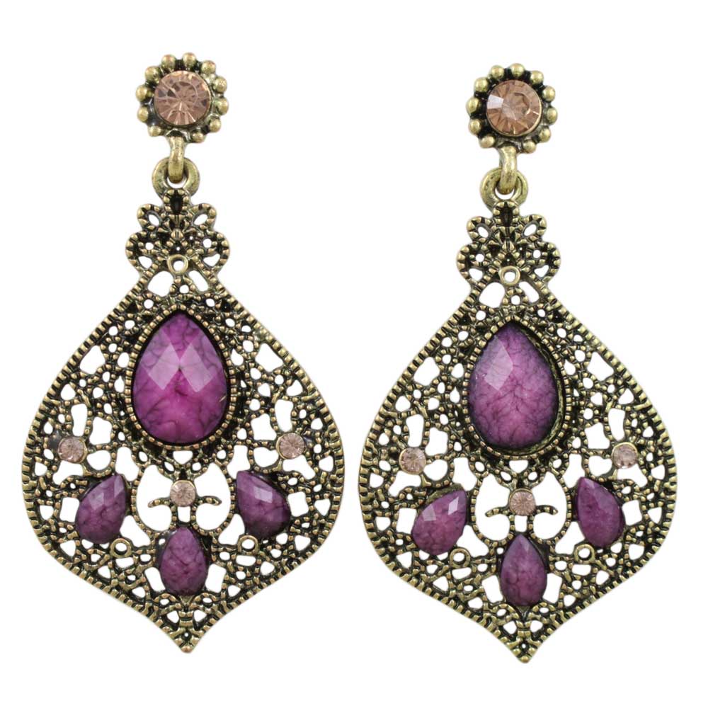 Antique Gold - tone Filigree Fan with Purple Stones Pierced Earring - REC564 - Lilylin Designs