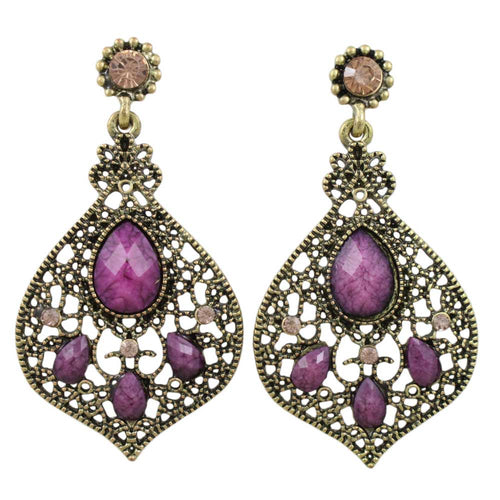 Antique Gold - tone Filigree Fan with Purple Stones Pierced Earring - REC564 - Lilylin Designs