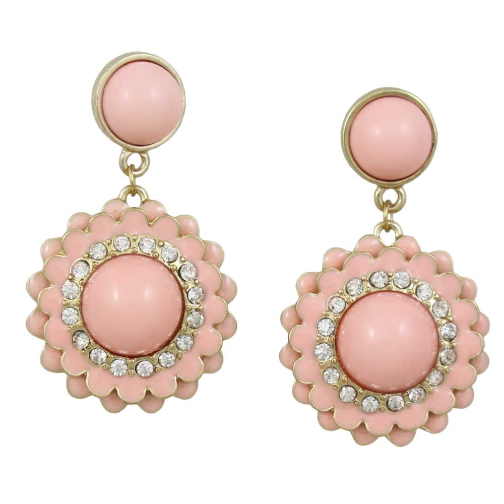 Pink Flower with Clear Crystals Dangling Pierced Earring - REC566 - Lilylin Designs