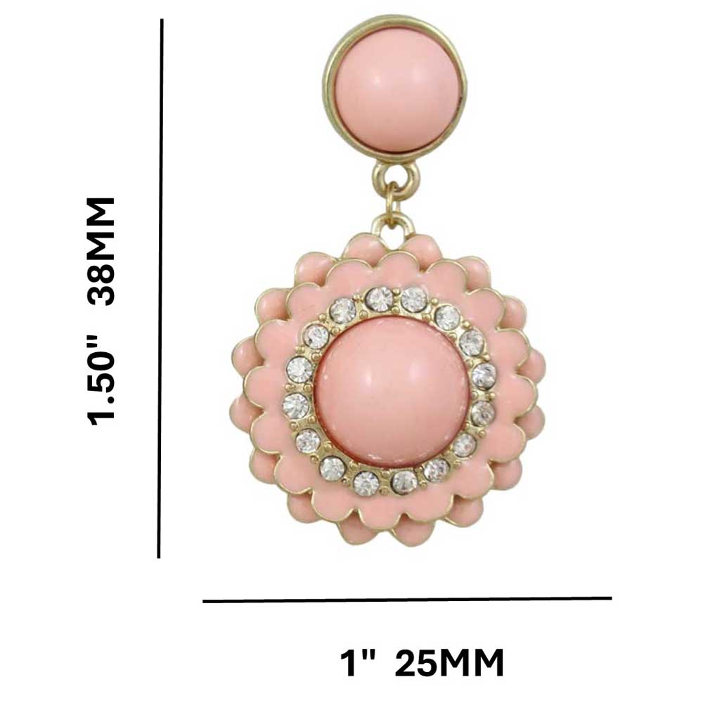 Pink Flower with Clear Crystals Dangling Pierced Earring - REC566 - Lilylin Designs