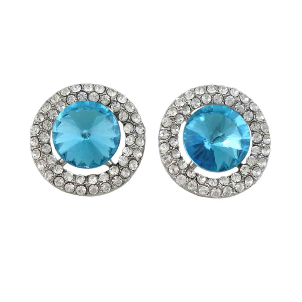 Round Aquamarine Blue Crystal Button Pierced Earring - REC570B - Lilylin Designs