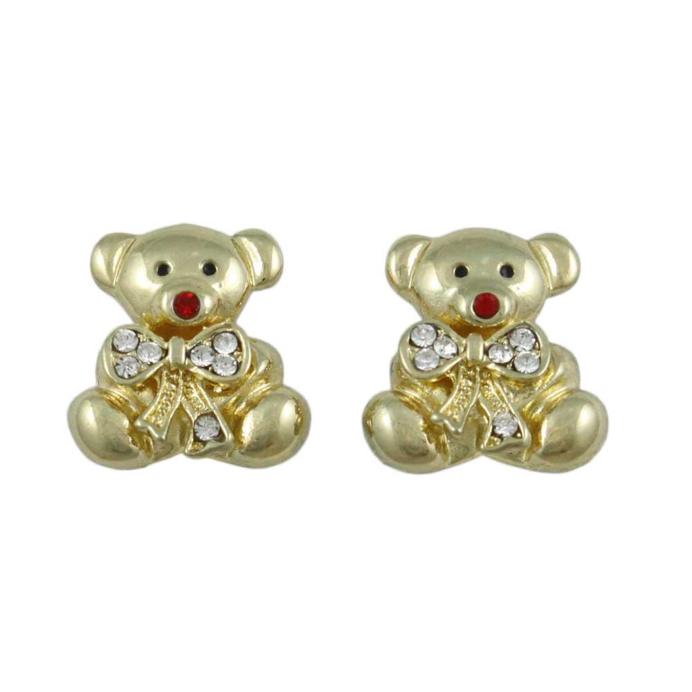 Lilylin Designs Gold Teddy Bear with Large Crystal Bow Stud Earring