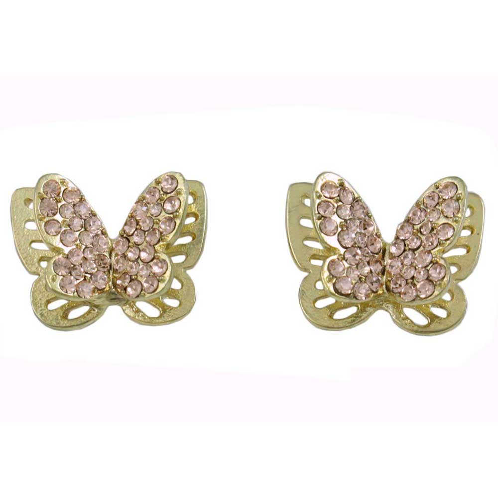 3D Double Gold and Tan Crystal Butterfly Pierced Earring - REC581 - Lilylin Designs