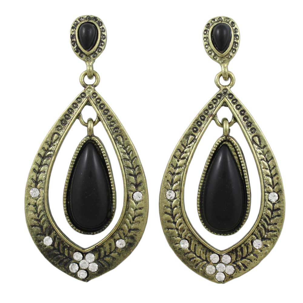 Teardrop with Dangling Black Stone Pierced Earring - REC586 - Lilylin Designs