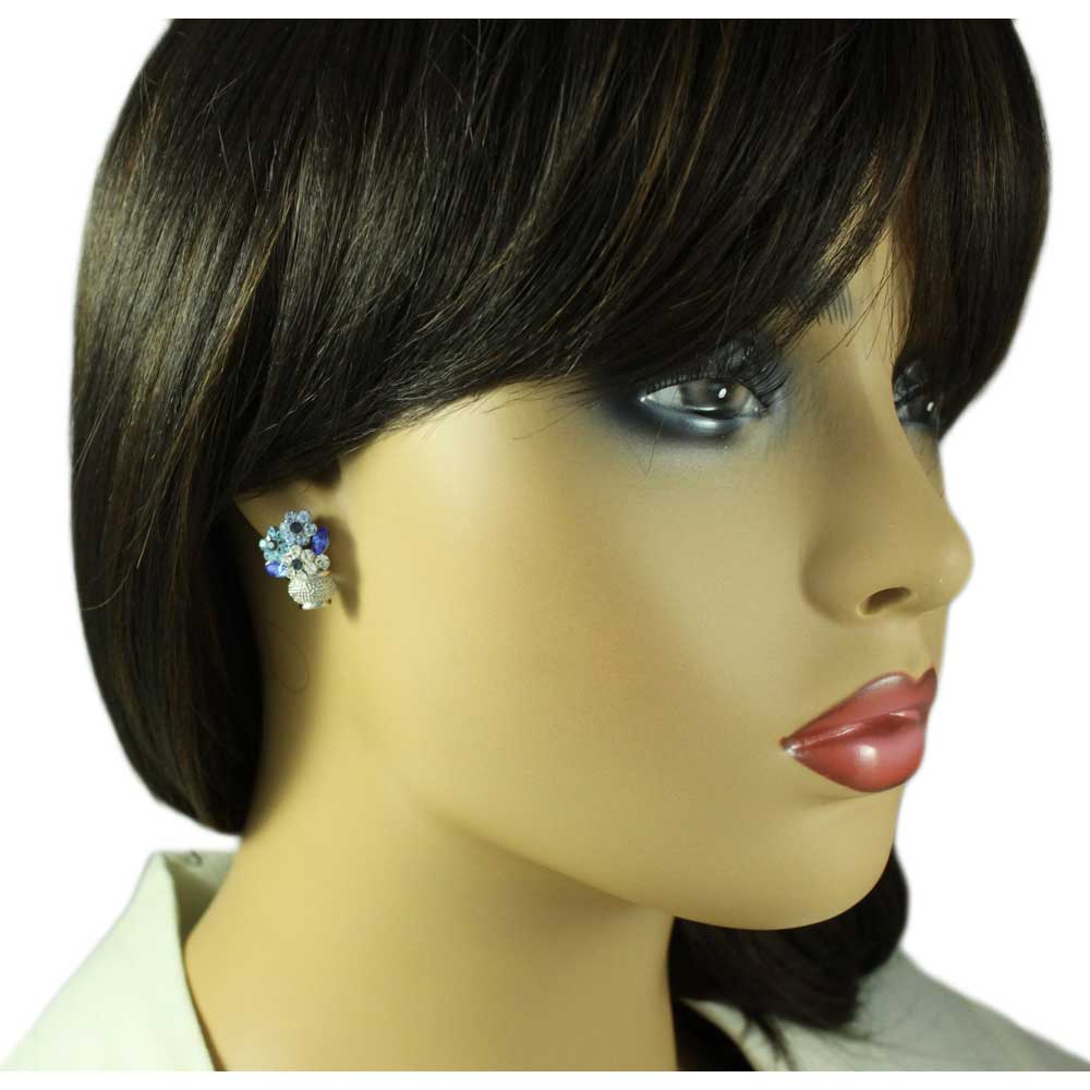 Vase with Blue Crystal Daisies Clip Earring - REC614AC - Lilylin Designs