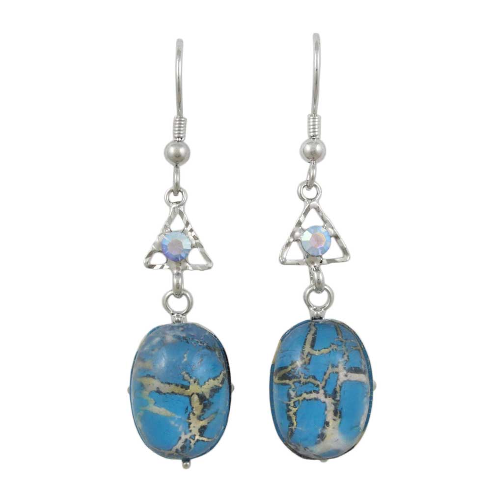 Blue Marbled Glass with Blue Crystal Pierced Earring - REC726 - Lilylin Designs