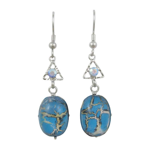Blue Marbled Glass with Blue Crystal Pierced Earring - REC726 - Lilylin Designs
