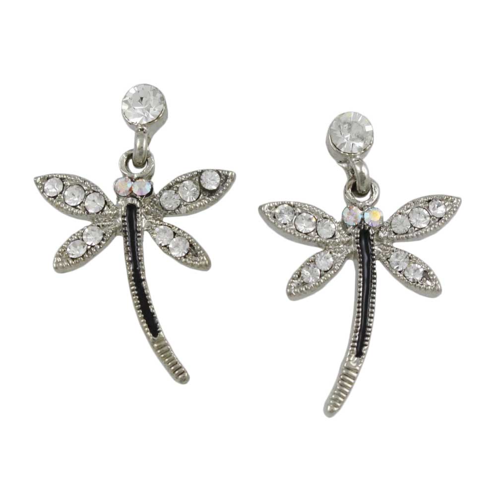Crystal and Black Dangling Dragonfly Pierced Earring - REC764 - Lilylin Designs