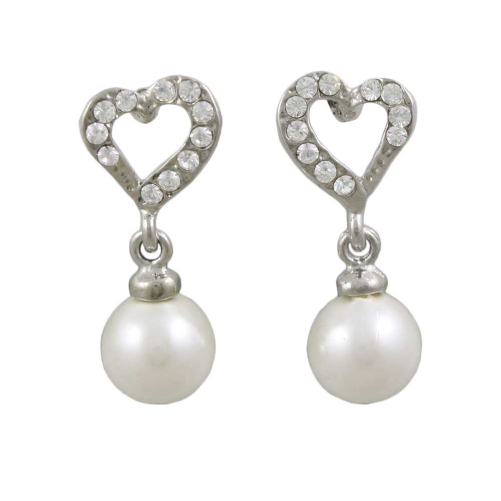 Crystal Heart with White Dangling Pearl Ball Pierced Earring - REC812A - Lilylin Designs