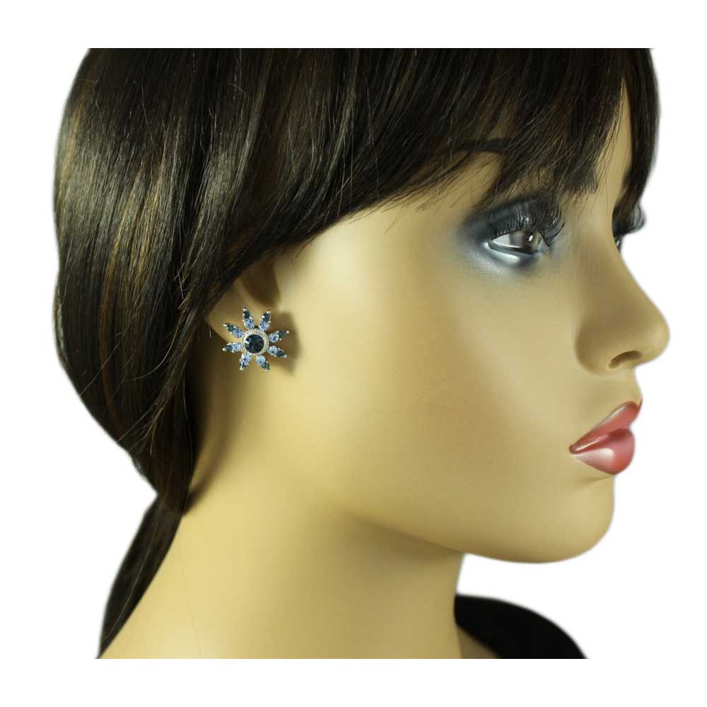 Dark and Light Blue Crystal Flower Clip Earring - REC828C - Lilylin Designs