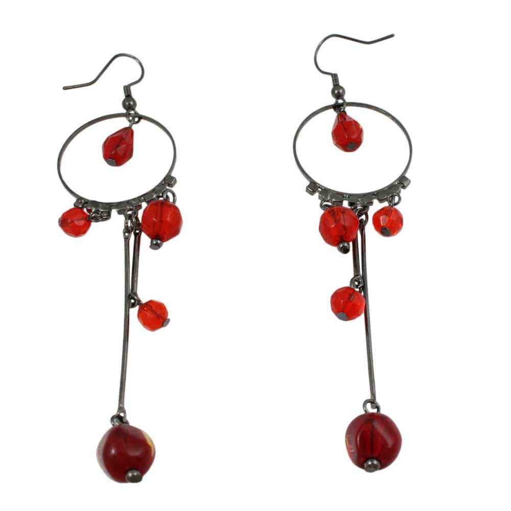 Gray Metal Circle with Dangling Red Beads Earring - REC843 - Lilylin Designs