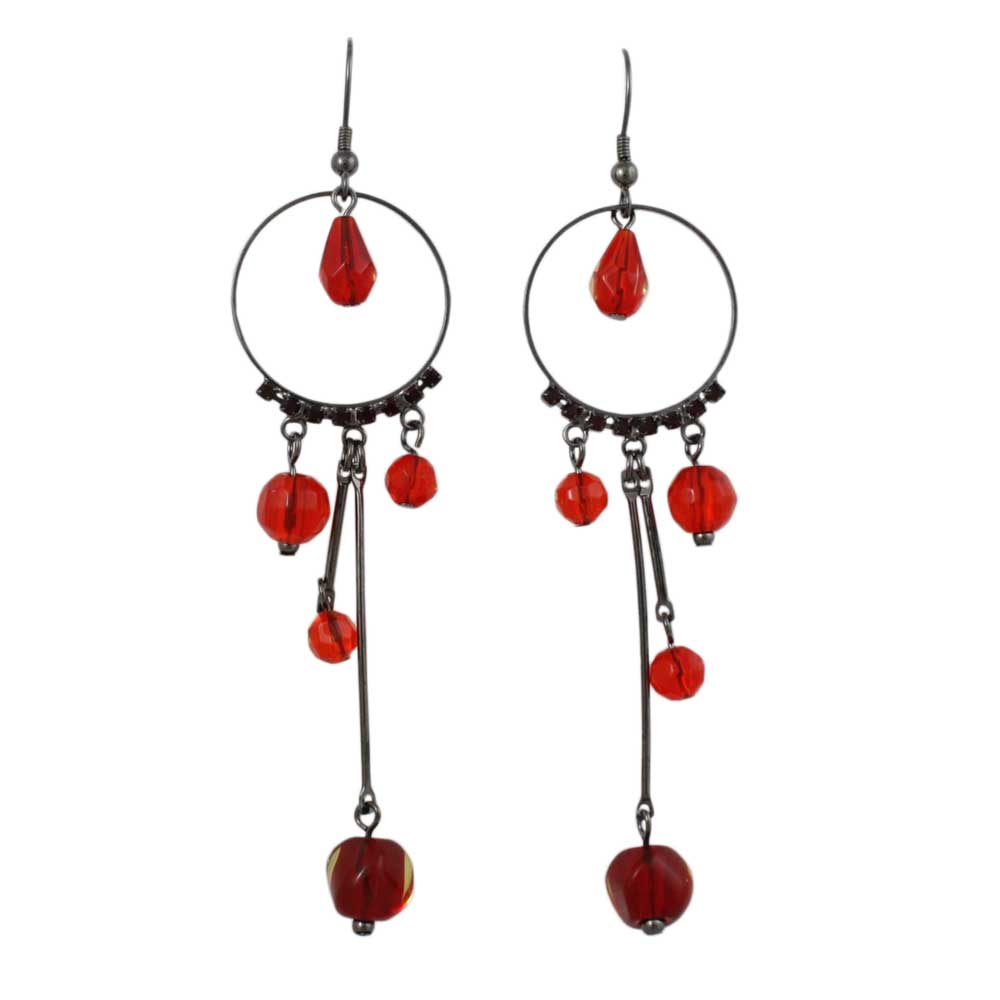 Gray Metal Circle with Dangling Red Beads Earring - REC843 - Lilylin Designs