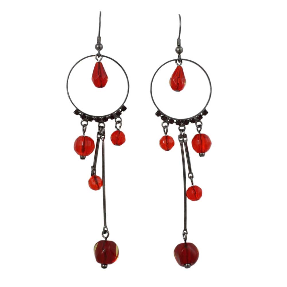 Lilylin Designs Gray Metal Circle with Dangling Red Beads Earring