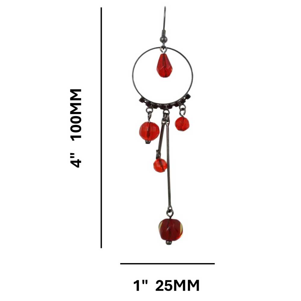 Gray Metal Circle with Dangling Red Beads Earring - REC843 - Lilylin Designs