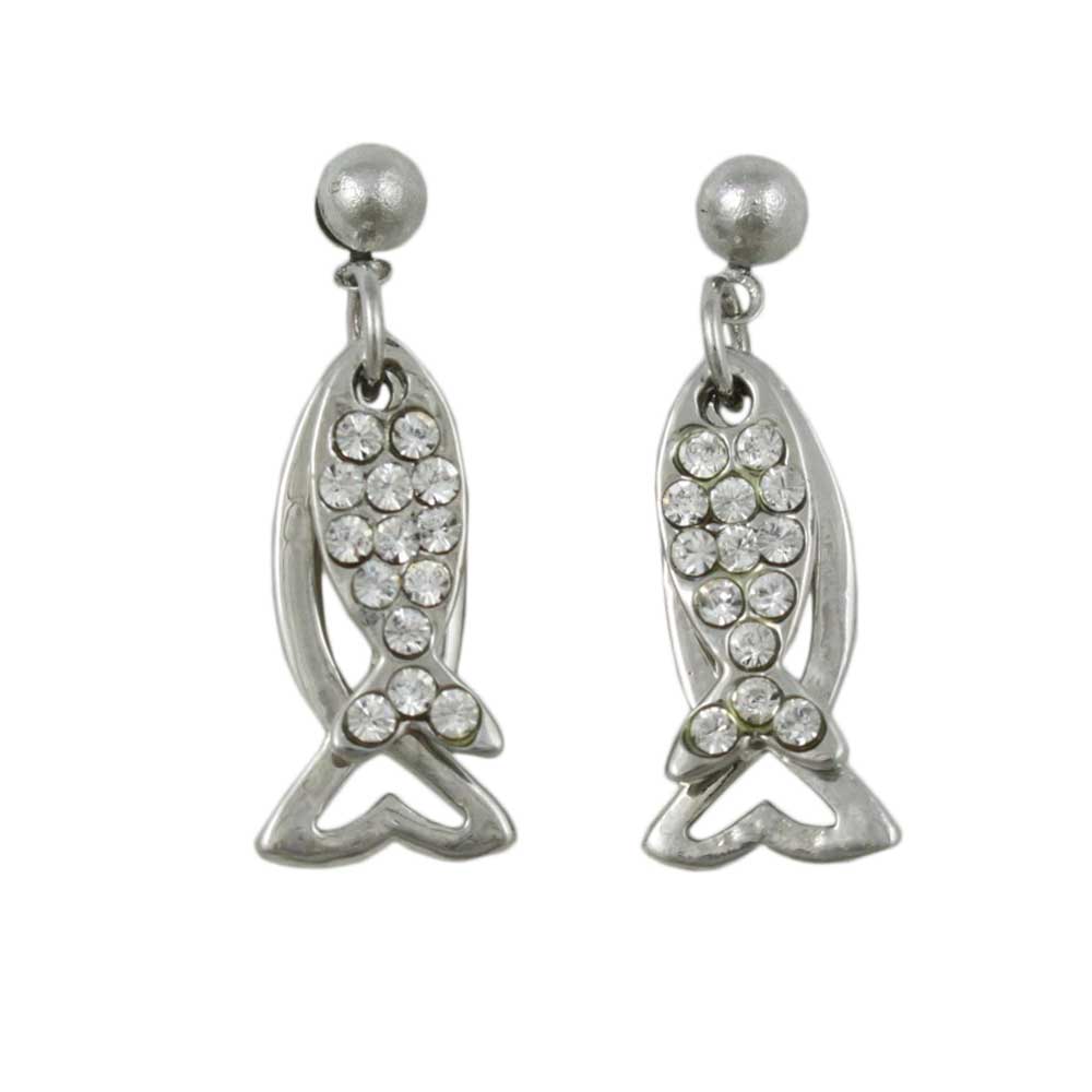 Silver and Crystal Dual Dangling Fish Pierced Earring - REC906 - Lilylin Designs