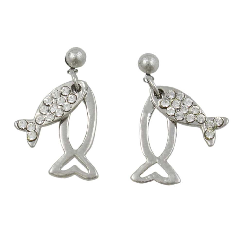 Silver and Crystal Dual Dangling Fish Pierced Earring - REC906 - Lilylin Designs
