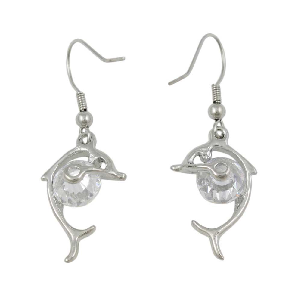 Dolphin with Large Crystal Dangling Pierced Earring - REC906B - Lilylin Designs