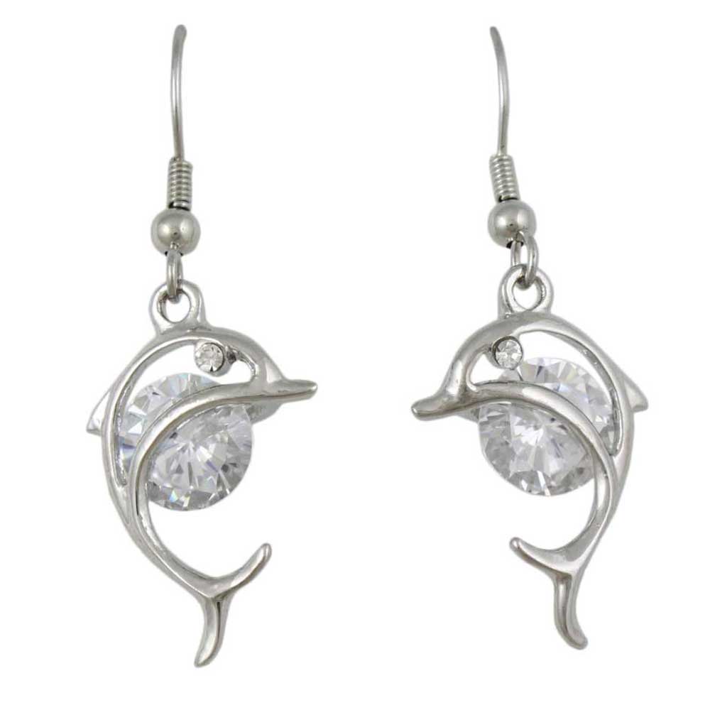 Dolphin with Large Crystal Dangling Pierced Earring - REC906B - Lilylin Designs