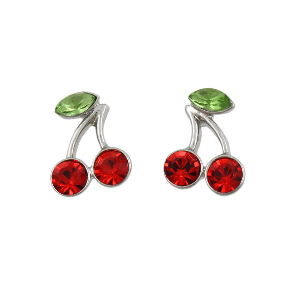 Red Crystal Cherries with Green Crystal Leaf Earring - REC919 - Lilylin Designs