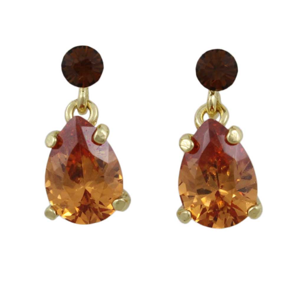 Brown Crystal Teardrop Dangling Pierced Earring - REC963 - Lilylin Designs