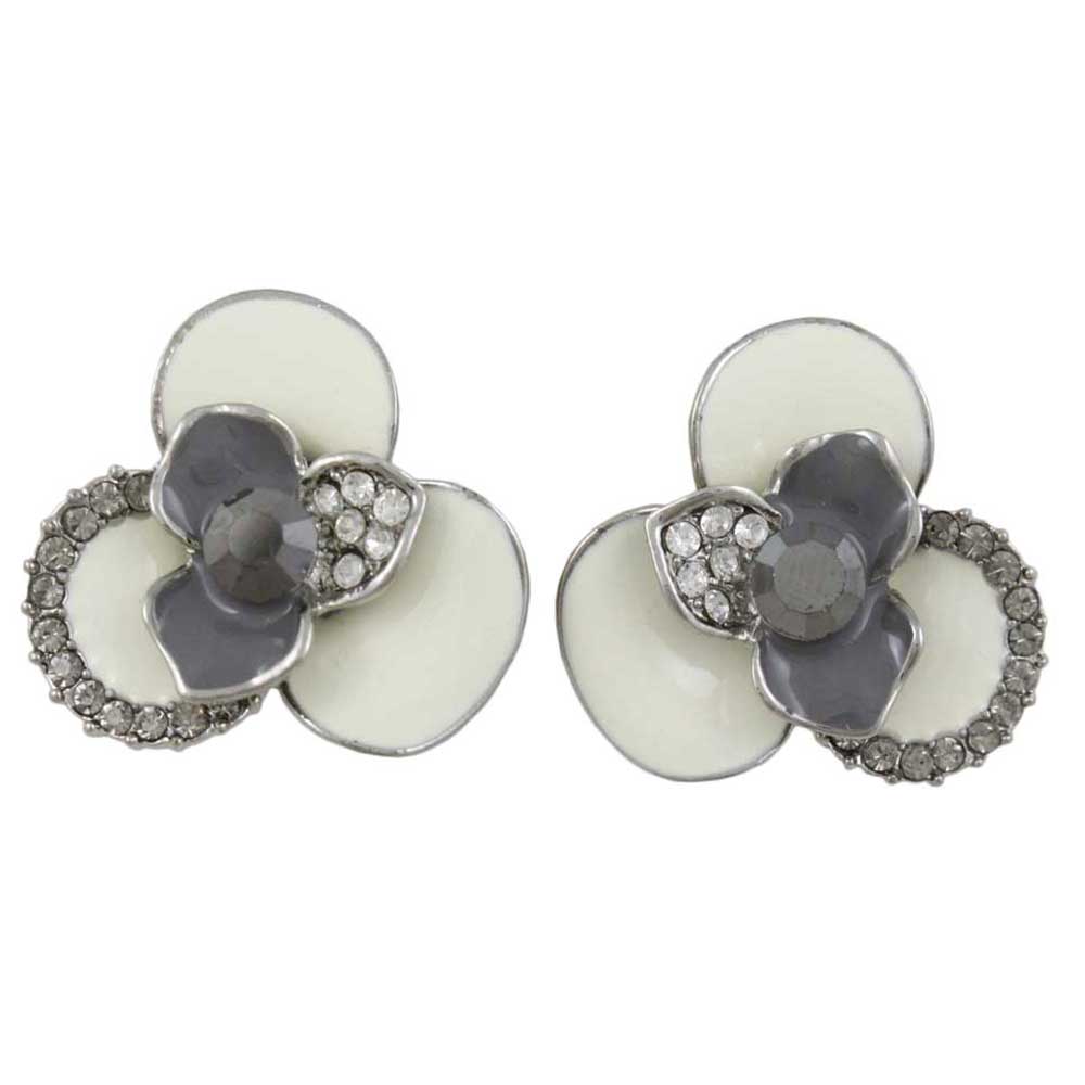 Cream and Gray Flower with Crystals Pierced Earring - REE126 - Lilylin Designs
