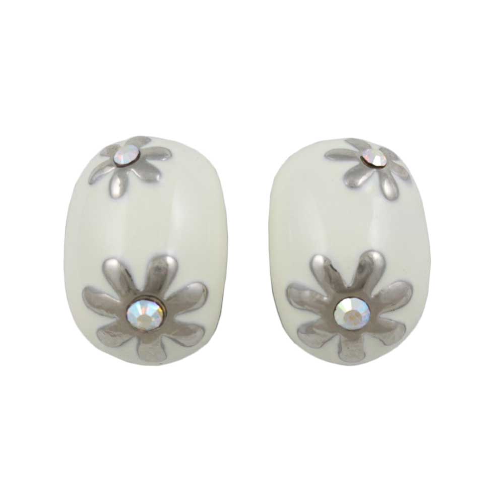 Lilylin Designs Cream Enamel with Silver Flowers Clip Earring