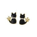 Tiny Black Enamel Cat with Pearl Flower Pierced Earring - Lilylin Designs