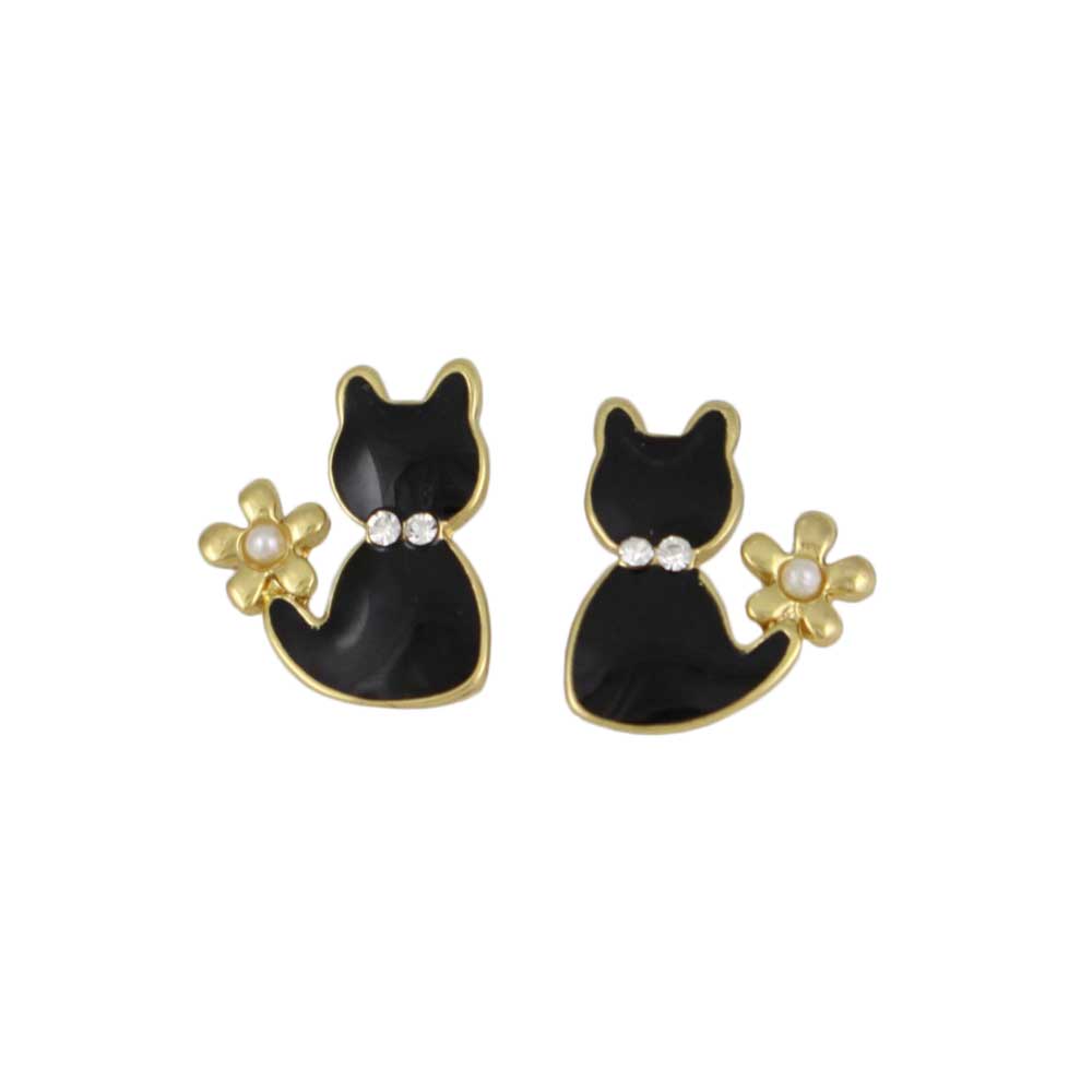 Tiny Black Enamel Cat with Pearl Flower Pierced Earring - REE206 - Lilylin Designs