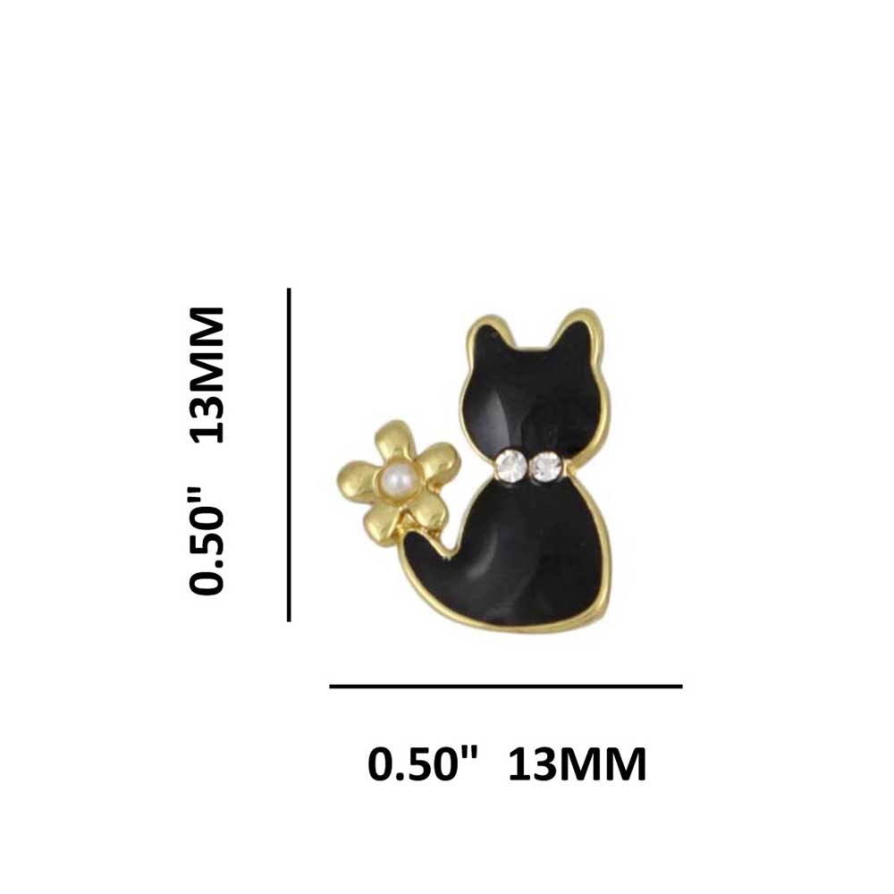Tiny Black Enamel Cat with Pearl Flower Pierced Earring - REE206 - Lilylin Designs