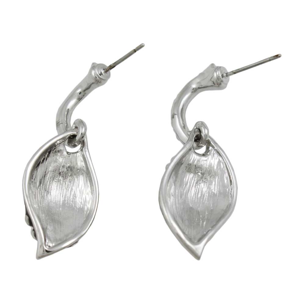Black Enamel Teardrop with Silver Flowers Pierced Earring - REE307 - Lilylin Designs