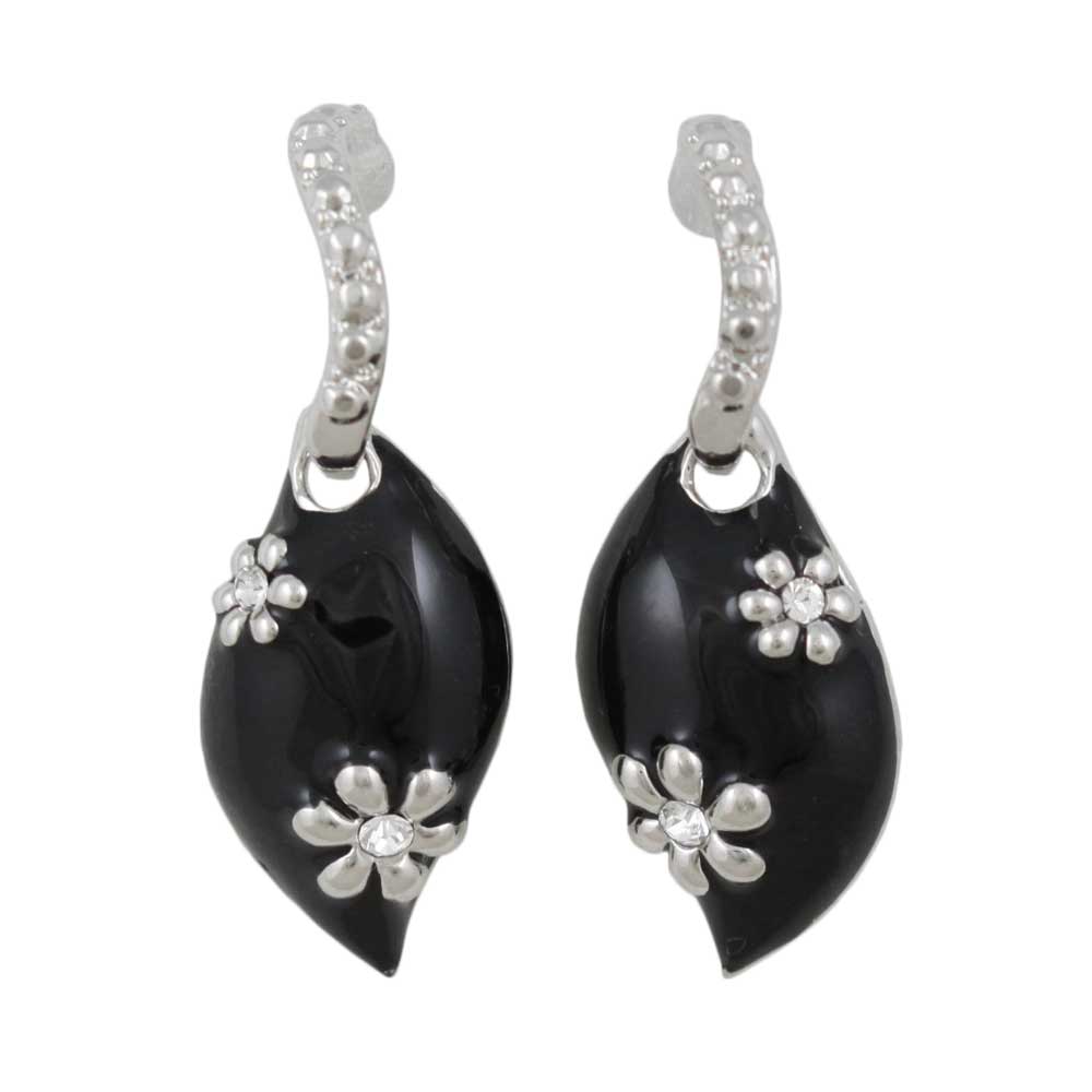 Black Enamel Teardrop with Silver Flowers Pierced Earring - REE307 - Lilylin Designs