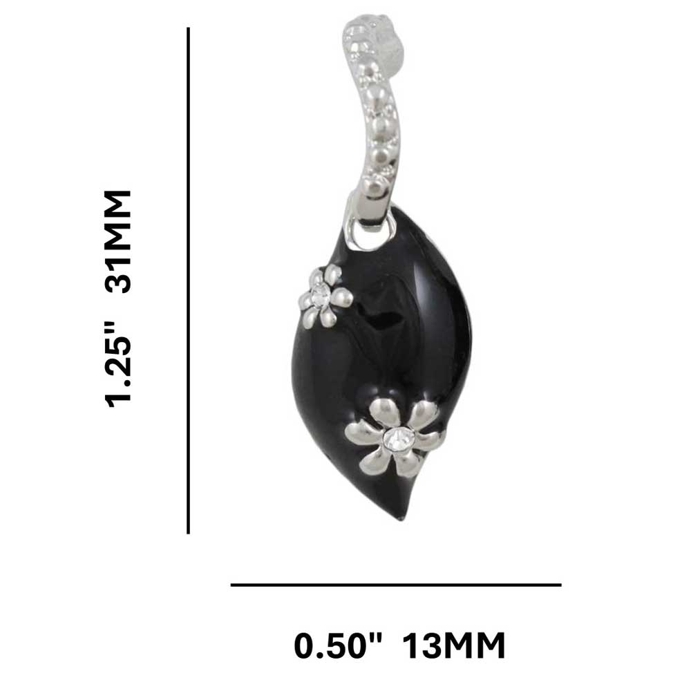 Black Enamel Teardrop with Silver Flowers Pierced Earring - REE307 - Lilylin Designs