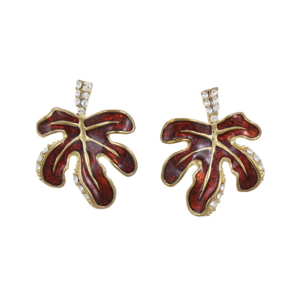 Burgundy Enamel Leaf with Clear Crystals Pierced Earring - REE402 - Lilylin Designs