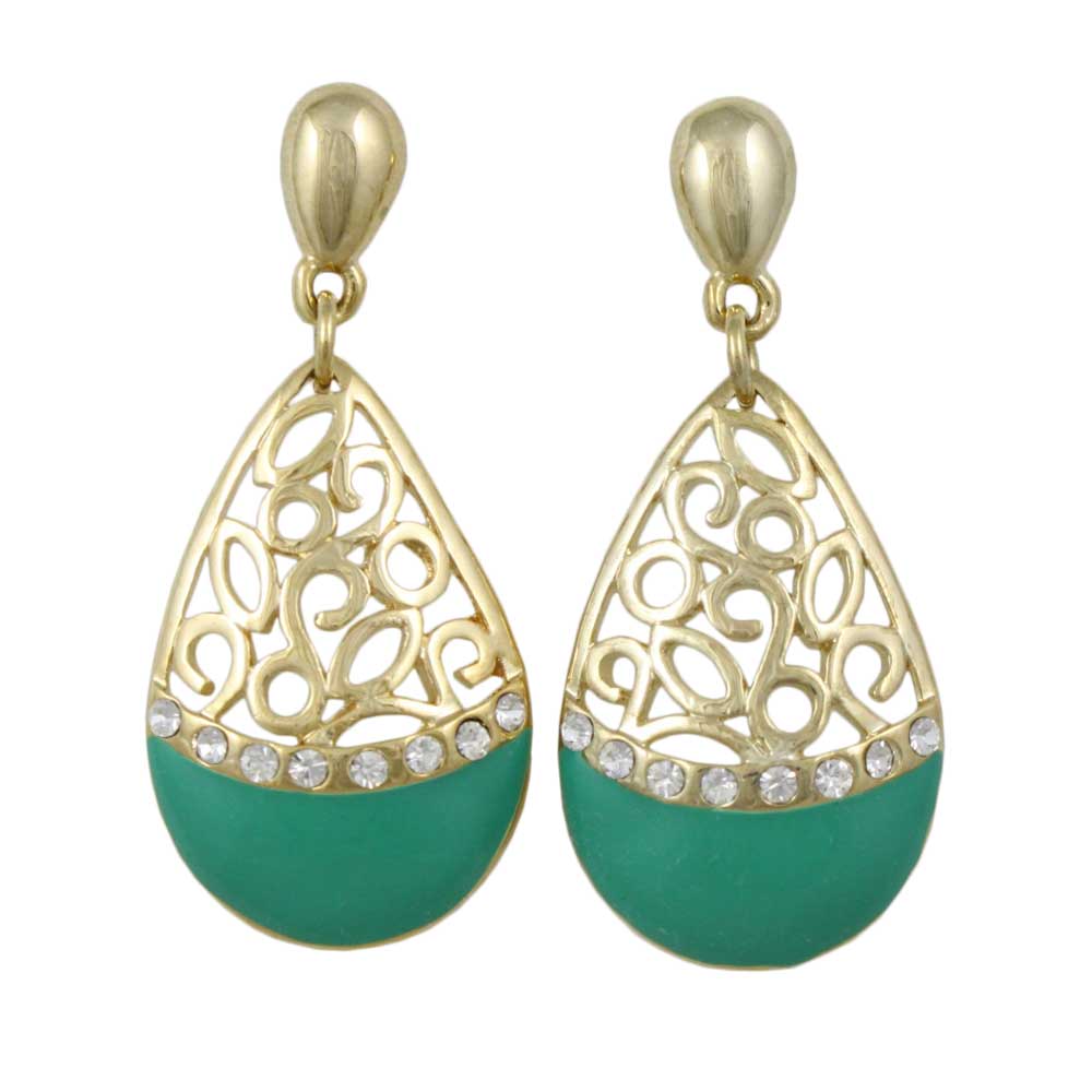 Green Enamel and Crystal Filigree Teardrop Dangle Earring - REE404GN - Lilylin Designs