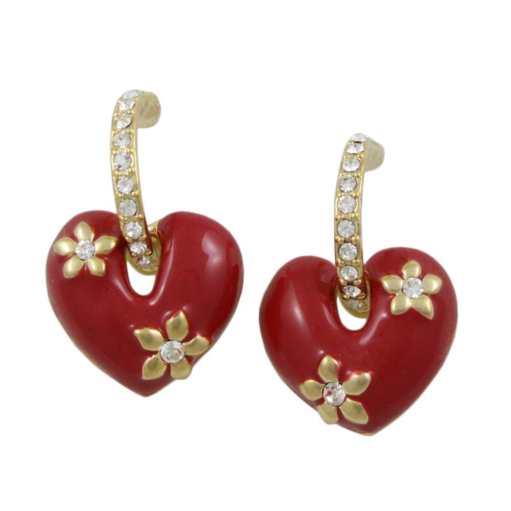 Red Enamel Heart with Crystal Hoop Pierced Earring - REE406RD - Lilylin Designs
