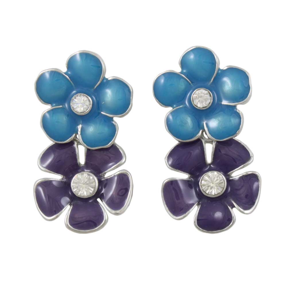 Blue and Purple Enamel Daisies Dangling Pierced Earring - REE407BP - Lilylin Designs