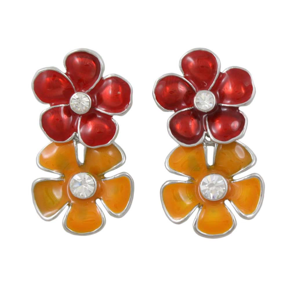 Red and Orange Enamel Daisies Dangling Pierced Earring - REE407RO - Lilylin Designs
