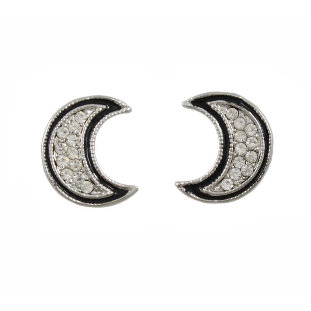 Crescent Moon with Black and Crystal Pierced Earring - REE711 - Lilylin Designs