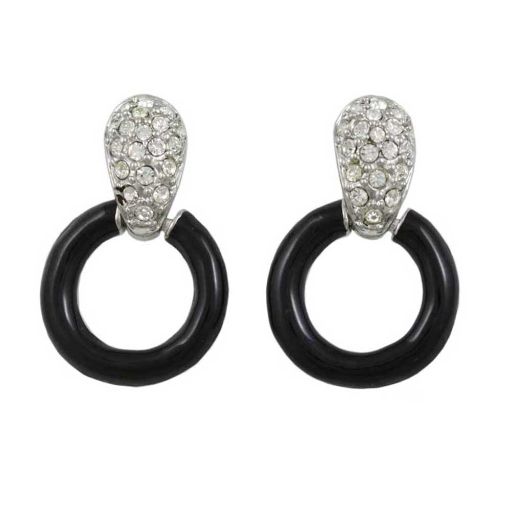 Black and Crystal Doorknocker Pierced Earring in Silver - REE829P - Lilylin Designs