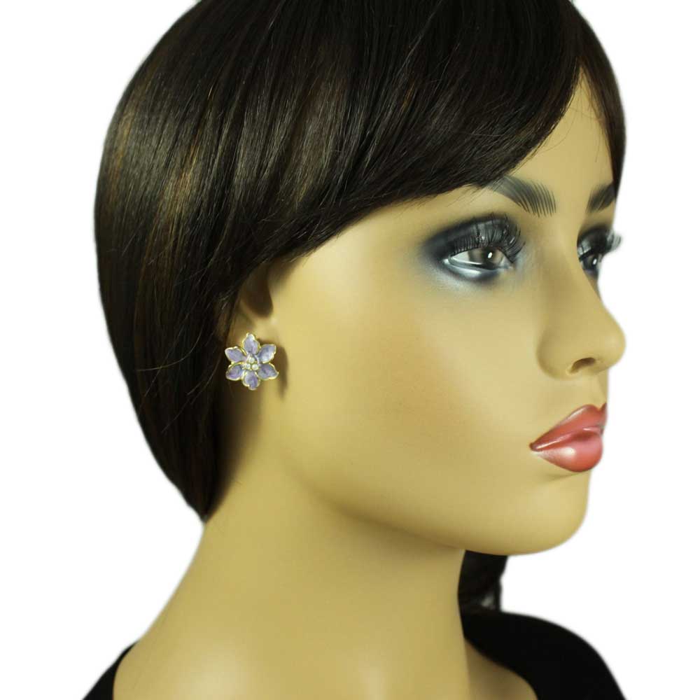 Purple Enamel with Crystals Flower Clip Earring - REE909C - Lilylin Designs