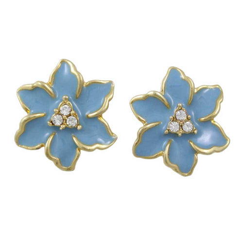 Blue Enamel with Crystals Flower Pierced Earring - REE909BL - Lilylin Designs
