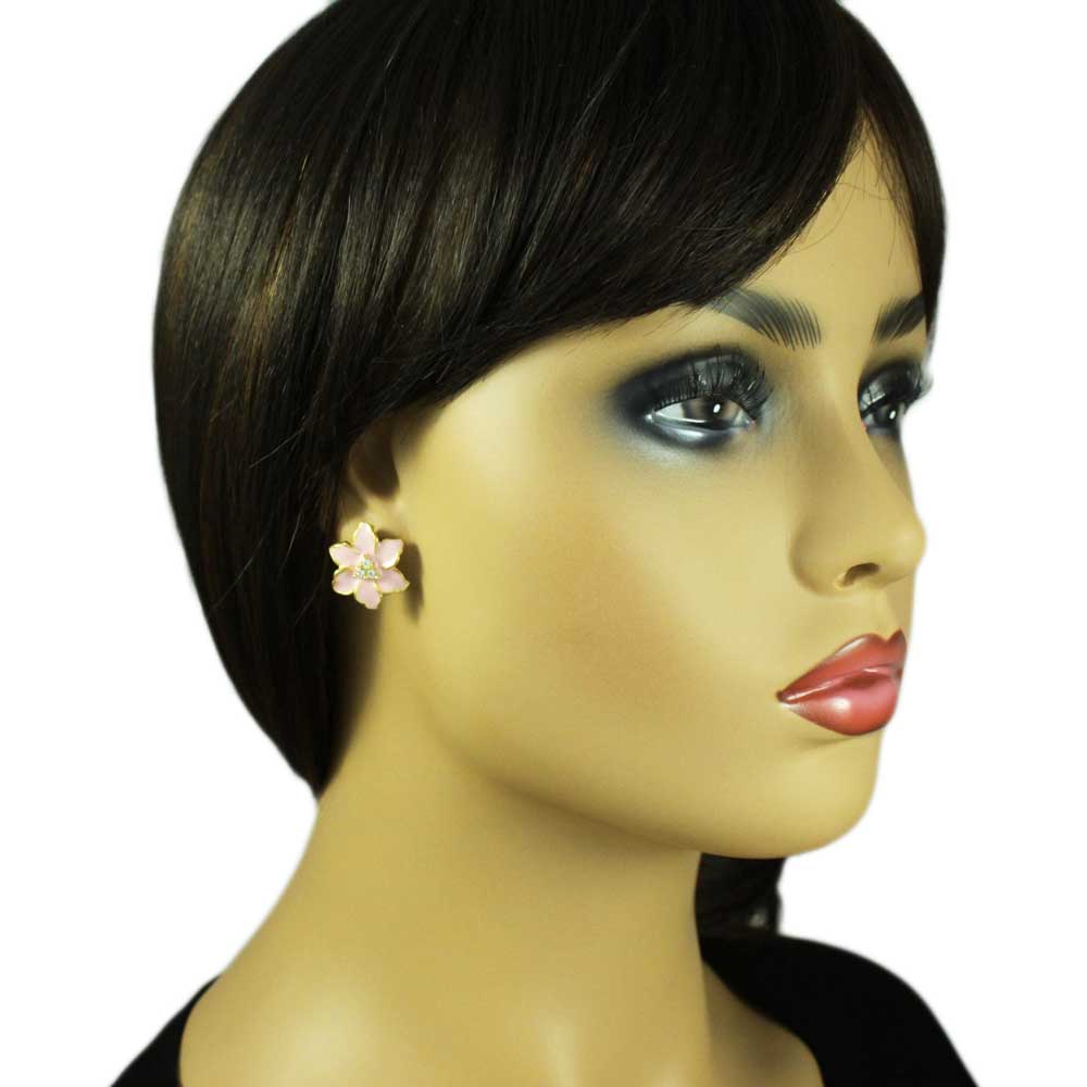 Pink Enamel with Crystals Flower Clip Earring - REE909PC - Lilylin Designs
