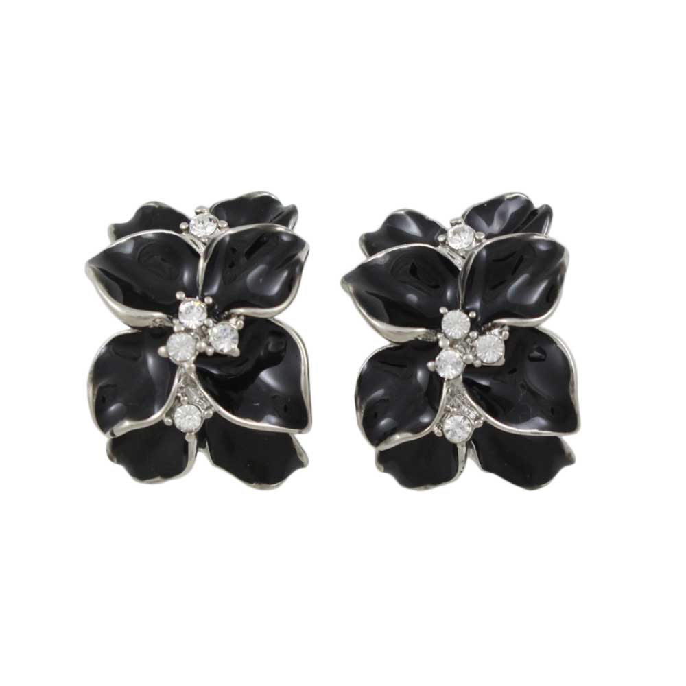 Black Glossy Flower with Crystals Clip Earring - REE942 - Lilylin Designs