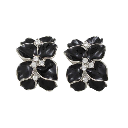 Black Glossy Flower with Crystals Clip Earring - REE942 - Lilylin Designs