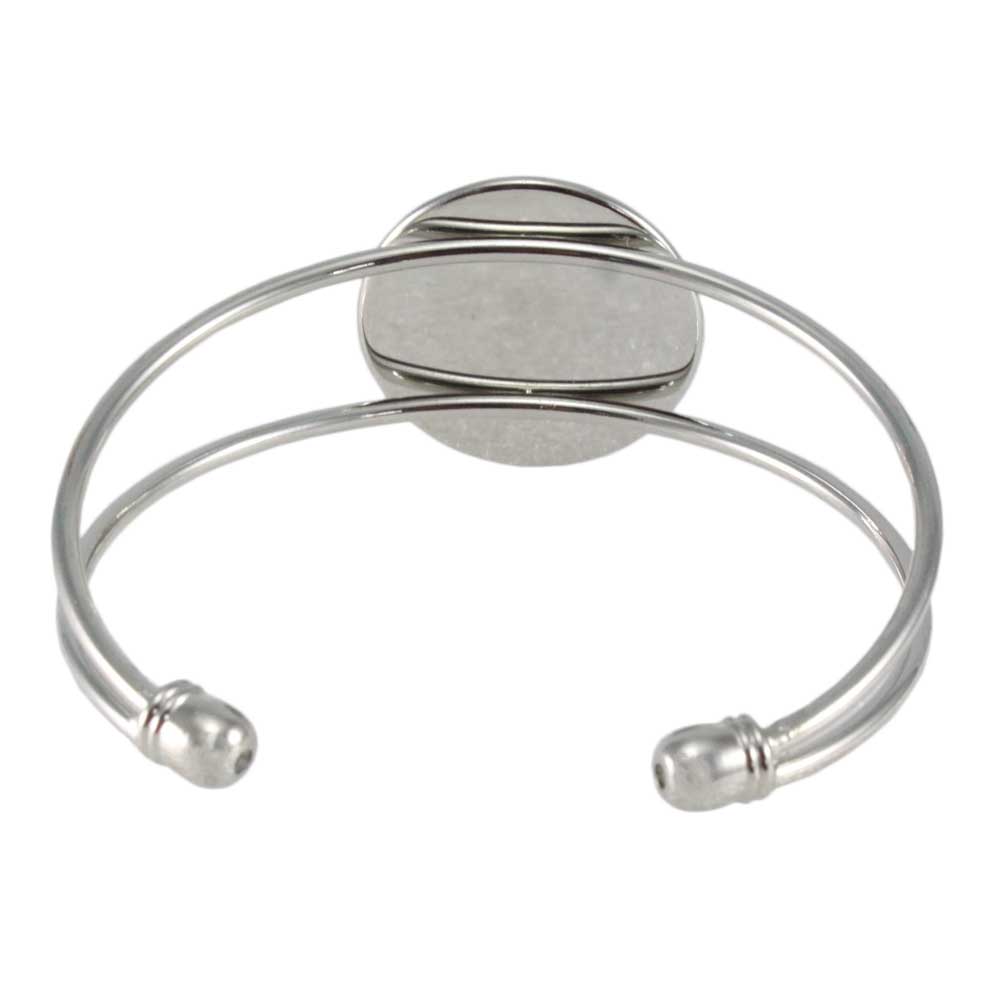 Back view of Silver cuff bracelet with pink handcrafted clay stone on white background | Lilylin Designs