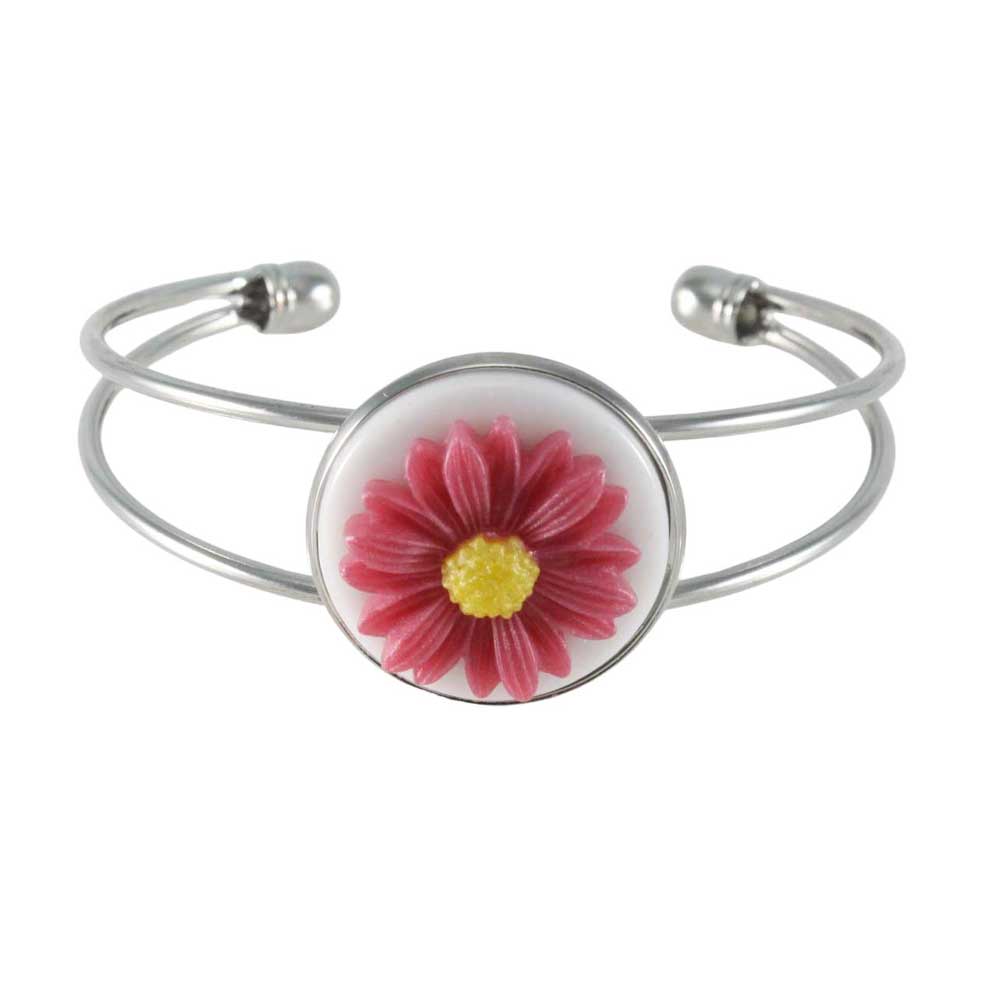 Silver bracelet with a dark pink daisy with yellow center  - Lilylin Designs