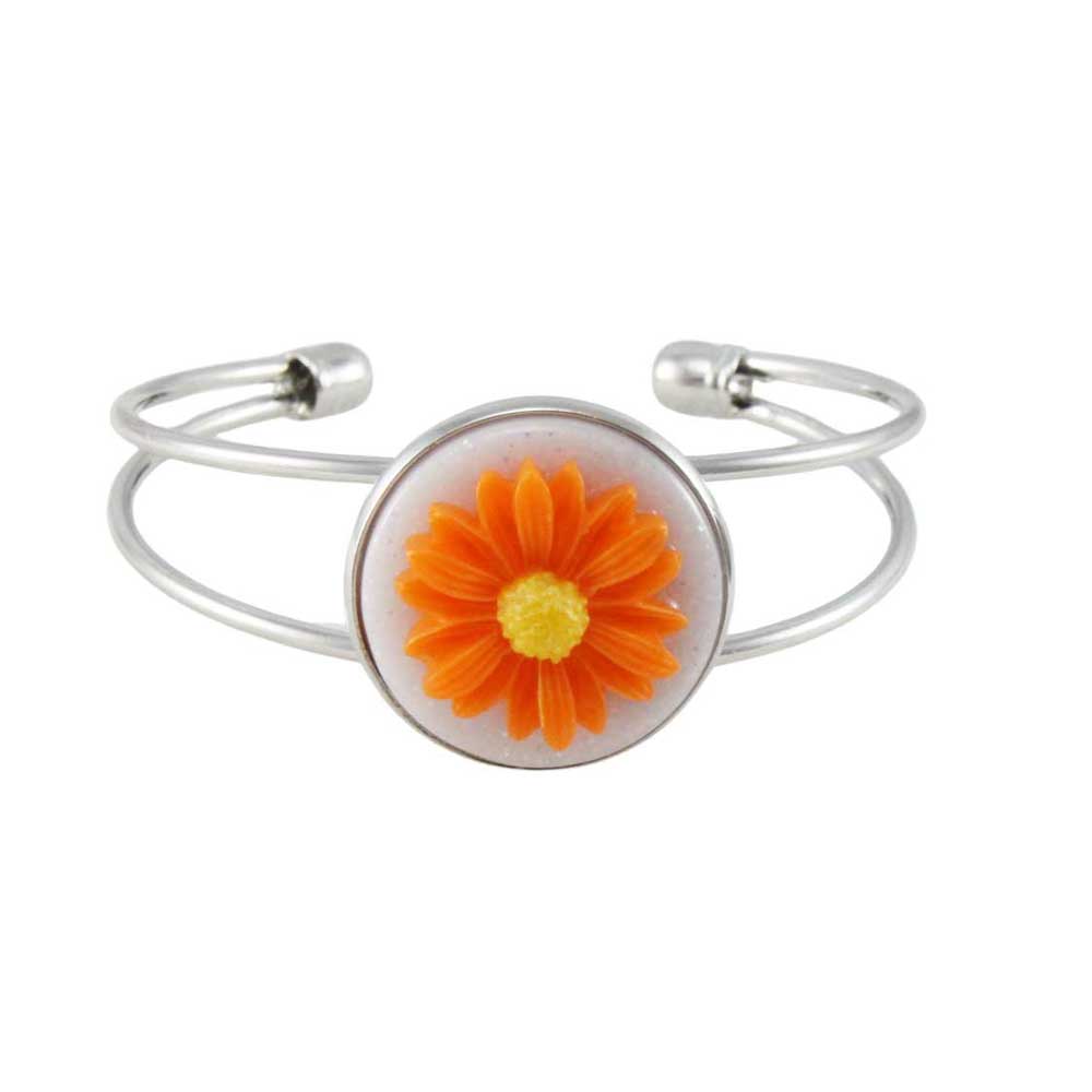 Silver Cuff Bracelet with Orange and Yellow Daisy - Lilylin Designs