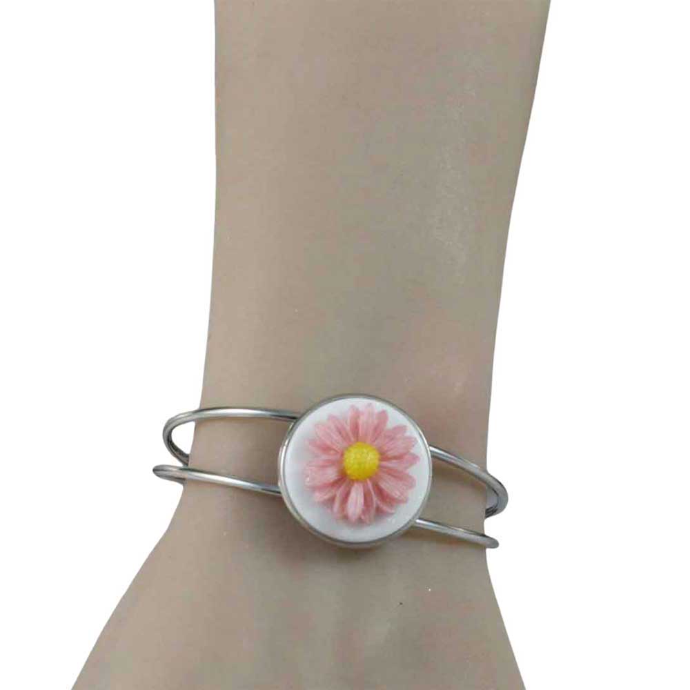Model wearing Silver Cuff Bracelet with Pink and Yellow Daisy - Lilylin Designs