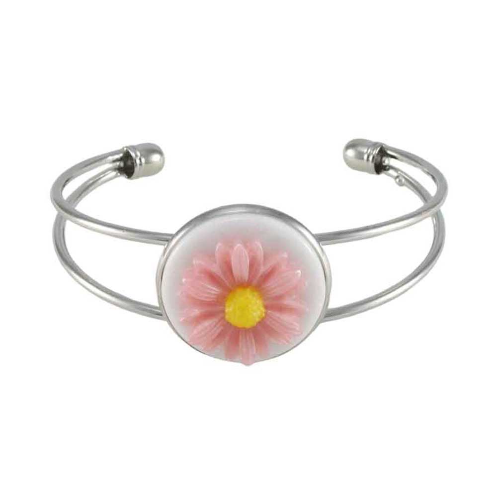 Silver Cuff Bracelet with Pink and Yellow Daisy - Lilylin Designs